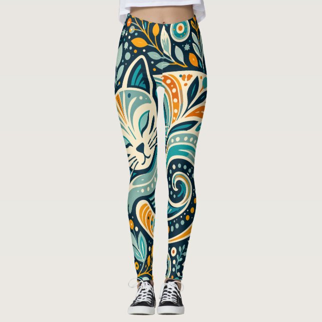 Leggings Bohème Chat et Motif Floral (Devant)