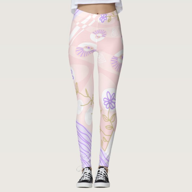 Leggings Bohème Chintz Illustration Pastel Pink Lavender (Devant)