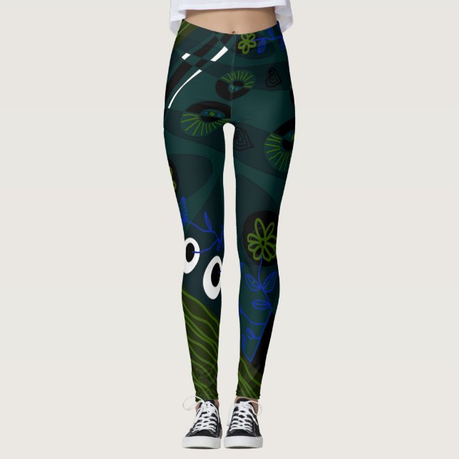 Leggings Bohème Chintz Illustration Turquoise Vert Bleu (Devant)