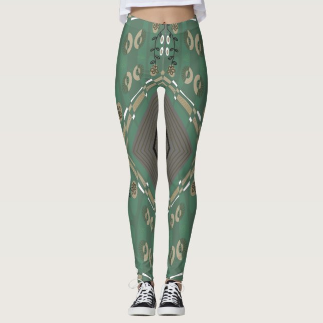 Leggings Bohème Chintz Illustration Vert Champignons Blanc (Devant)