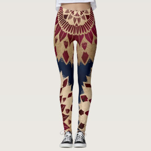 Leggings Bohême Gold Navy Bourgogne main tiré Mandala