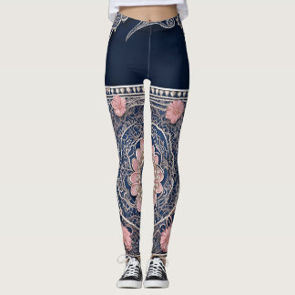 Leggings Boho chic navy & blush pink mandala floral AI art 