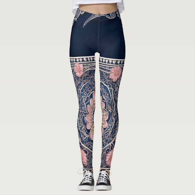 Leggings Boho chic navy & blush pink mandala floral AI art  (Devant)