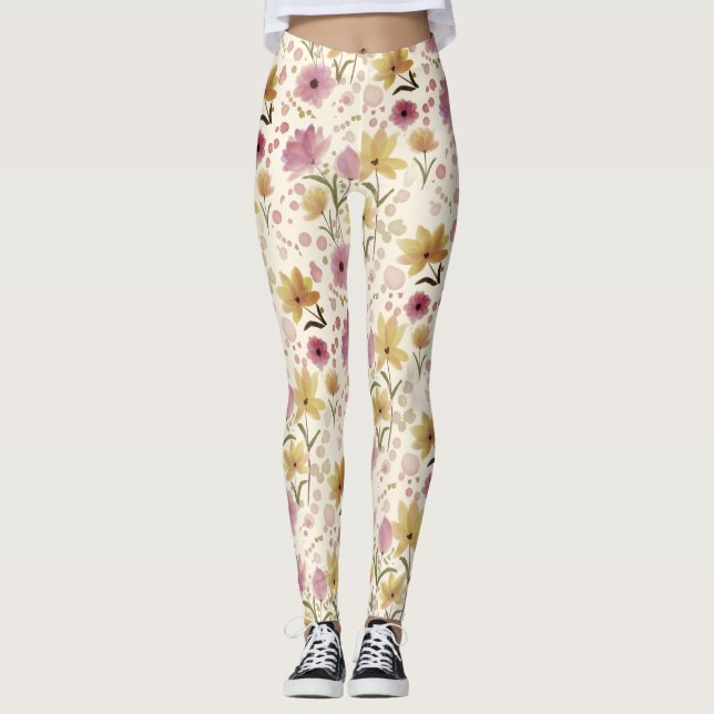 Leggings boho Fleur sauvage aquarelle rose  (Devant)