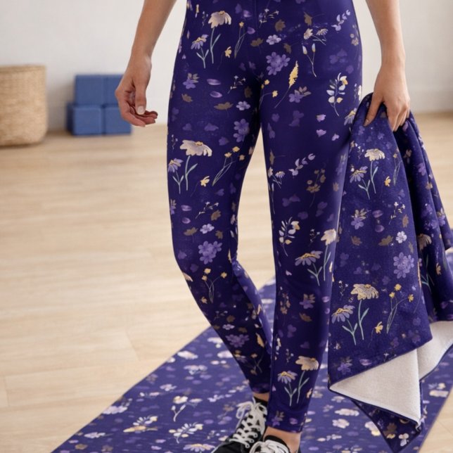 Leggings Boho Fleurs Sauvages Aquarelle Bleu Marine  (Créateur téléchargé)