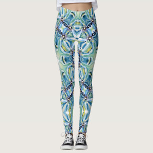 Leggings Boho Floral Abstrait Motif Artistique bleu vert