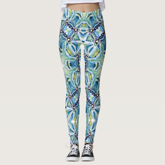Leggings Boho Floral Abstrait Motif Artistique bleu vert (Devant)