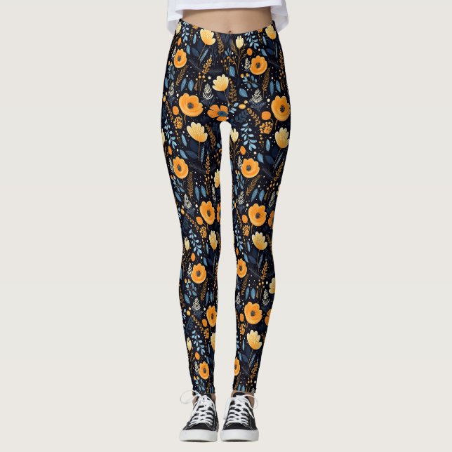 Leggings Boho Floral Cute Noir Orange Bleu (Devant)