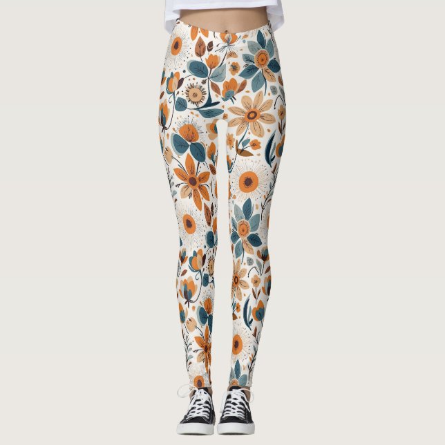 Leggings Boho Folk Art Wildflower Meadow Rust Teal Floral (Devant)