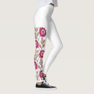 Leggings Boho Magenta Fleur Vigne Bordure Classique Blanc