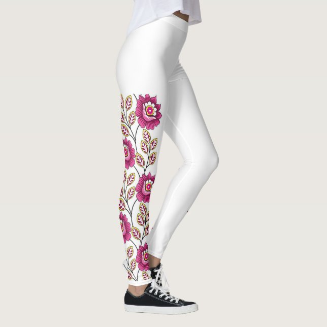 Leggings Boho Magenta Fleur Vigne Bordure Classique Blanc (Droite)