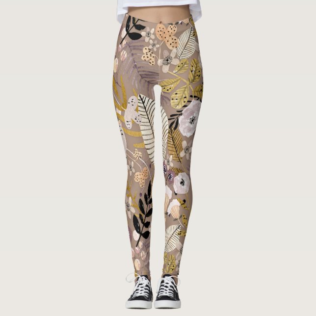 Leggings Boho Noir Blanc Or Pêche Feuille Florale Dessinée  (Devant)