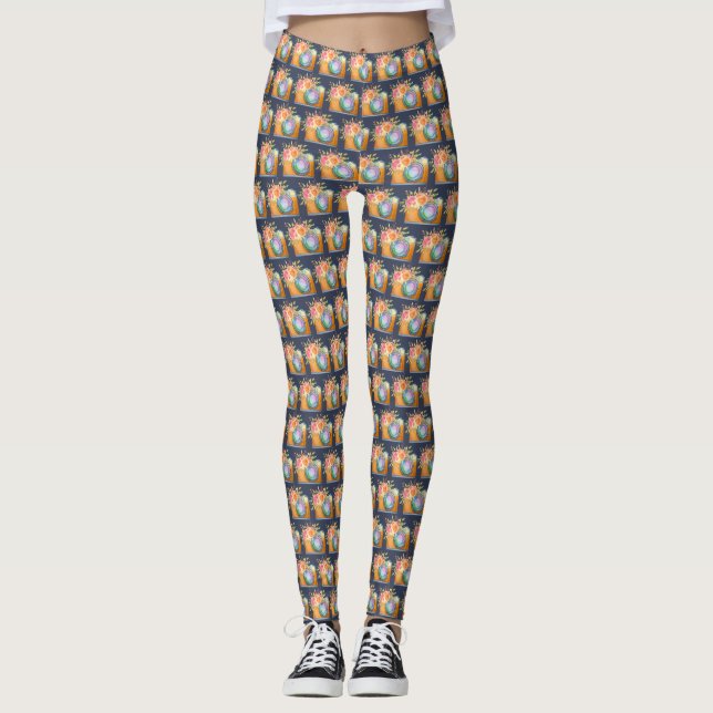 Leggings Boho Orange Camera & Fleurs Motif d'aquarelle (Devant)