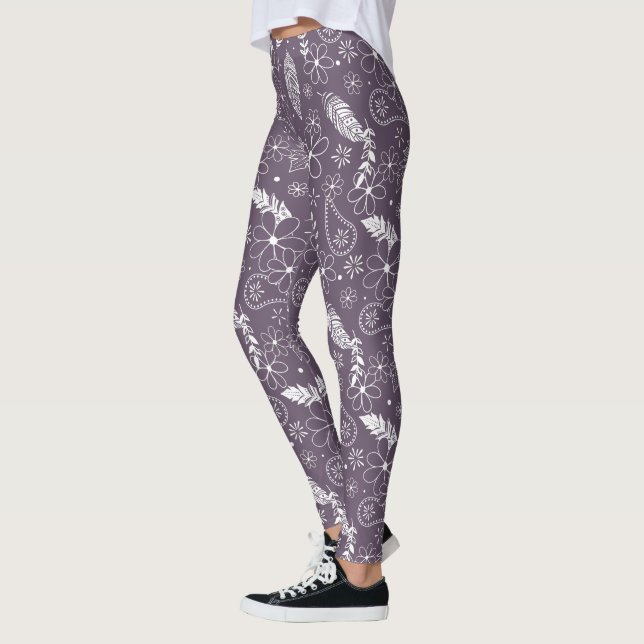 Leggings boho plumes fleurs motif sur violet N'IMPORTE QUEL (Gauche)
