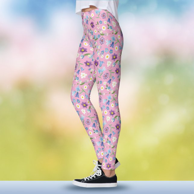 Leggings Boho Printemps Bleu et Violet Aquarelle Rose Flora (Boho Spring Blue and Purple Watercolor Pink Floral Leggings)