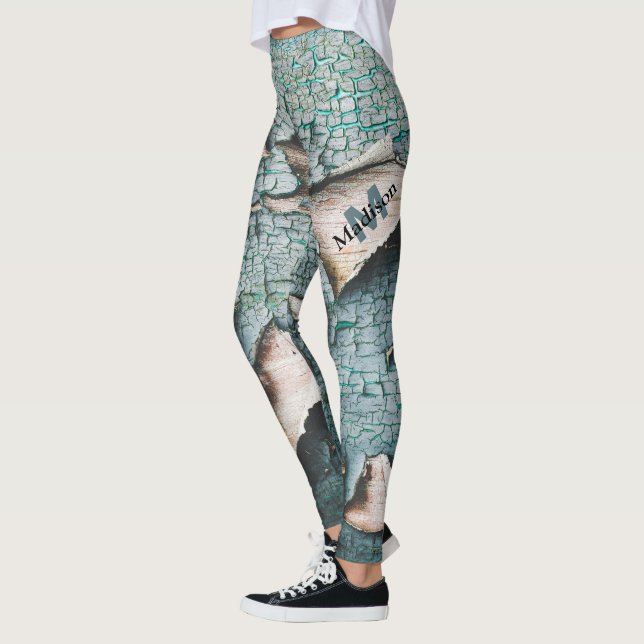 Leggings Bois de peinture bleu vieux rustique vert sur mesu (Gauche)