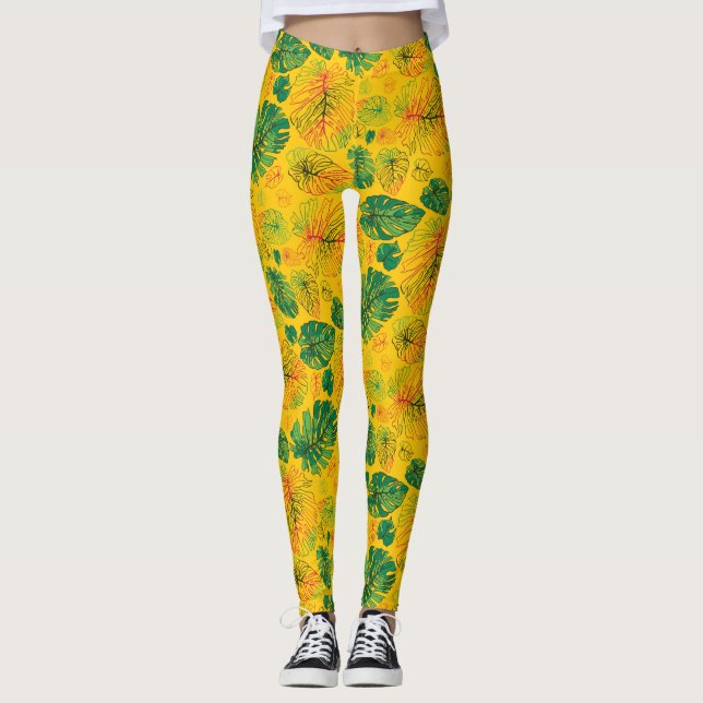 Leggings Bonne main tiré Monstera Coordonnée Jaune (Devant)