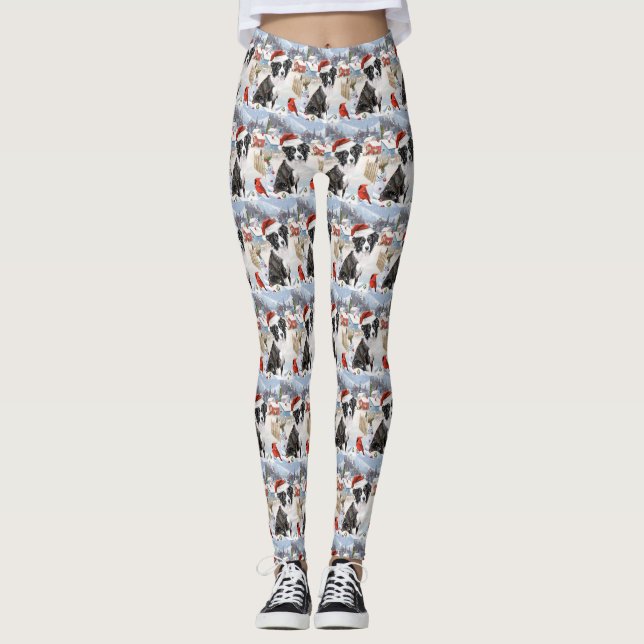Leggings Bordure Collie Chien Hiver Merveilles Pays Noël Jo (Devant)