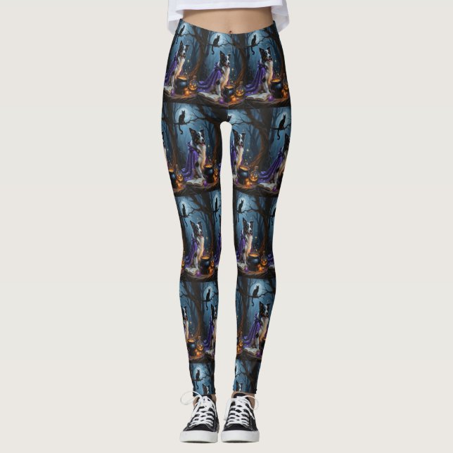 Leggings Bordure Collie Chien Whimsical Halloween Peinture (Devant)