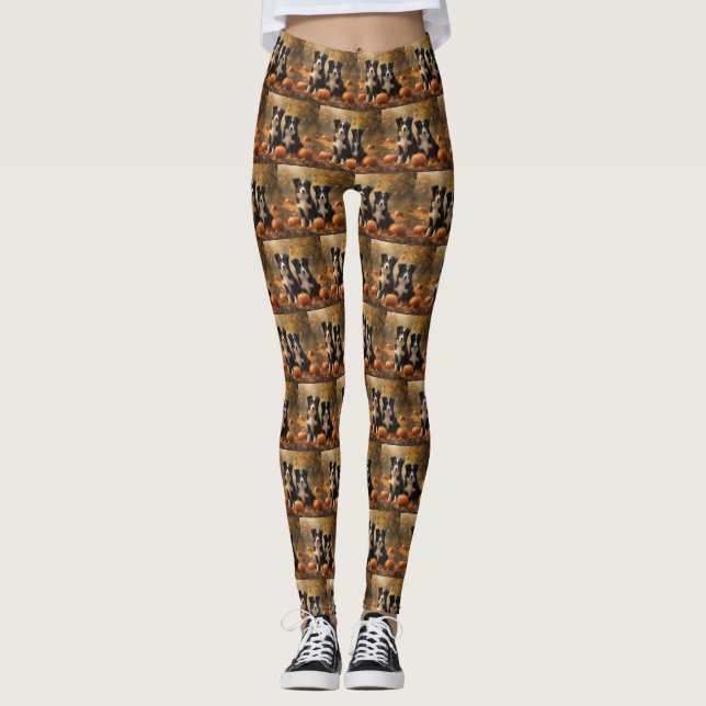 Leggings Bordure Collie Puppy Automne Citrouille de plaisir (Devant)