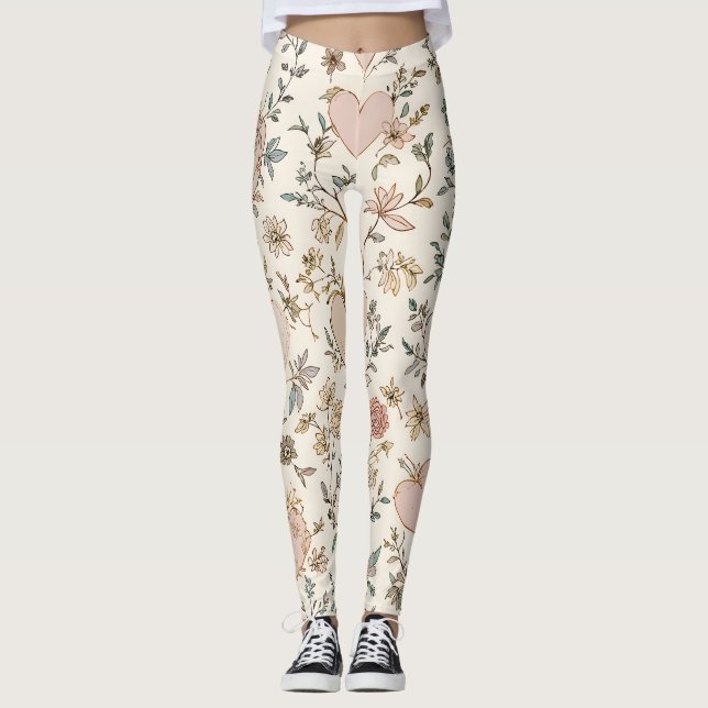 Leggings Botanical Hearts Romantic Floral Valentine Pattern (Devant)