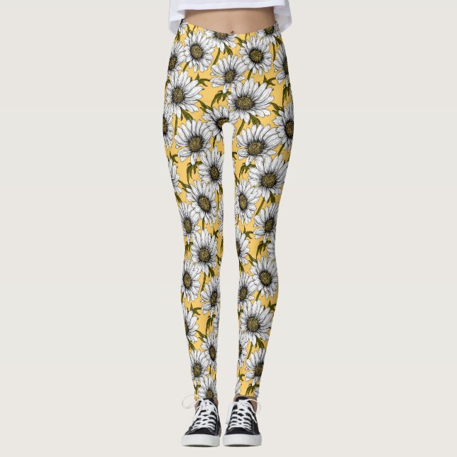 Leggings Bouches blanches, fleurs sauvages sur jaune (Devant)