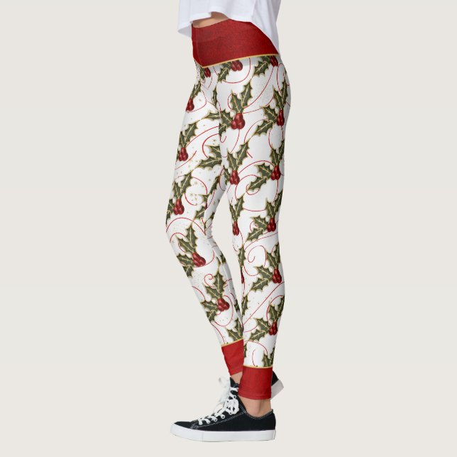 Leggings Boughs de Holly avec rouge et or élégant (Gauche)