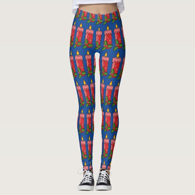 Leggings Bougie de Pilier Rouge de Noël avec Holly (Devant)