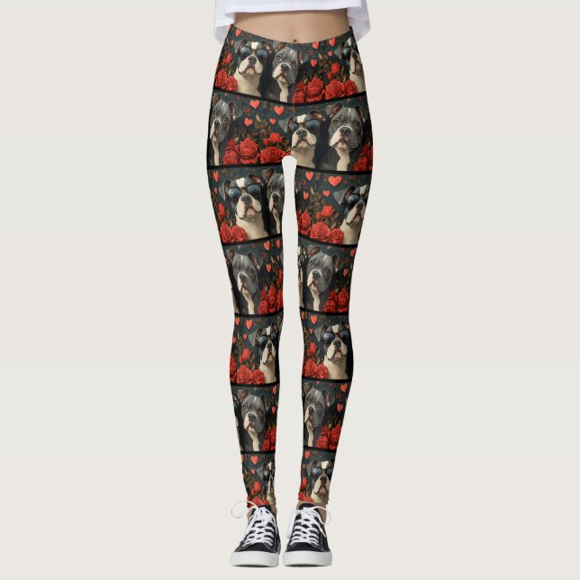 Leggings Bouledogue Terrier aux Roses de la Saint-Valentin (Devant)