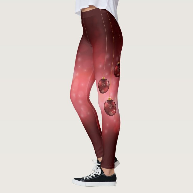 Leggings Boules de Noël festives rouges sur un fond rouge b (Gauche)