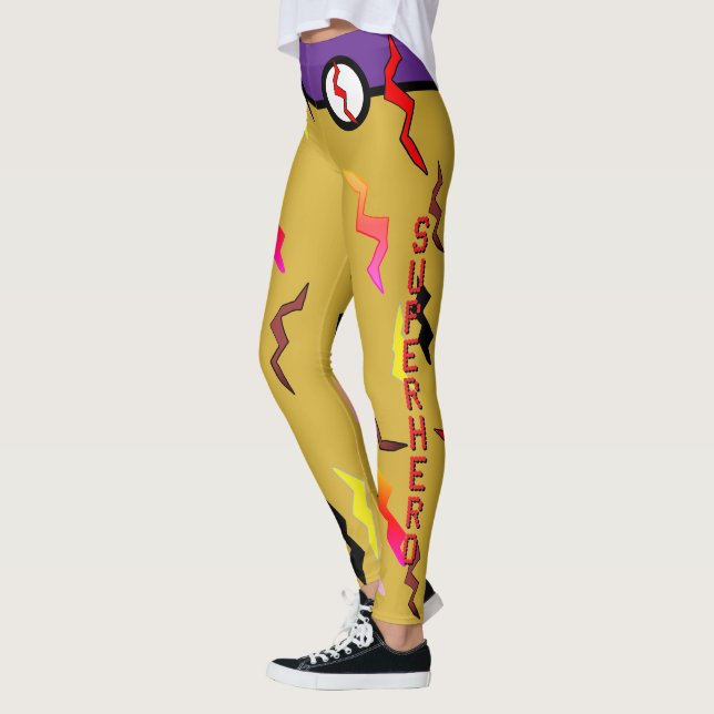 Leggings Boulons d'éclair doré d'Halloween Superhero violet (Gauche)