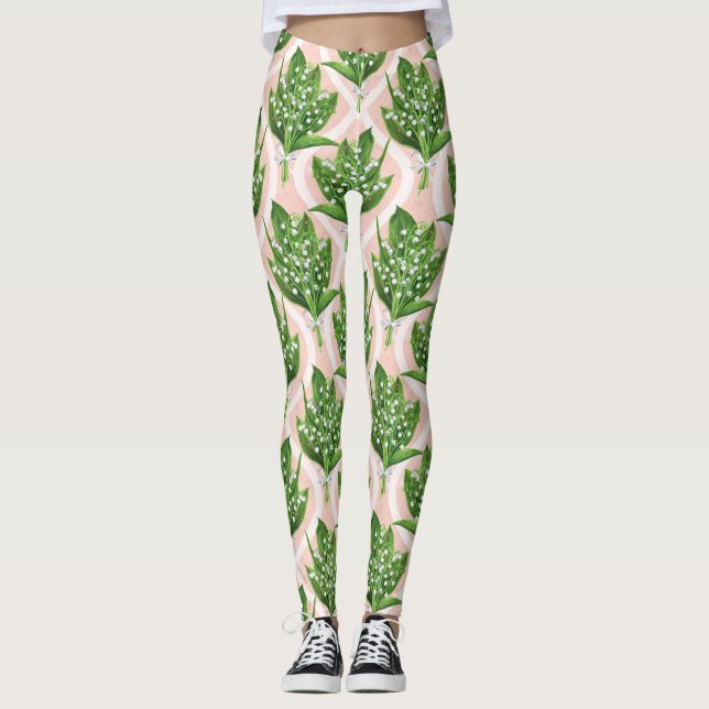 Leggings Bouquet de lys de la vallée fleurs sur rose (Devant)