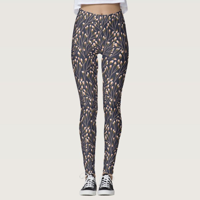 Leggings Bourgeons roses délicats sur branches brunes (Devant)