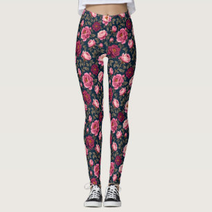 Leggings Bourgogne foncée et fleurs roses