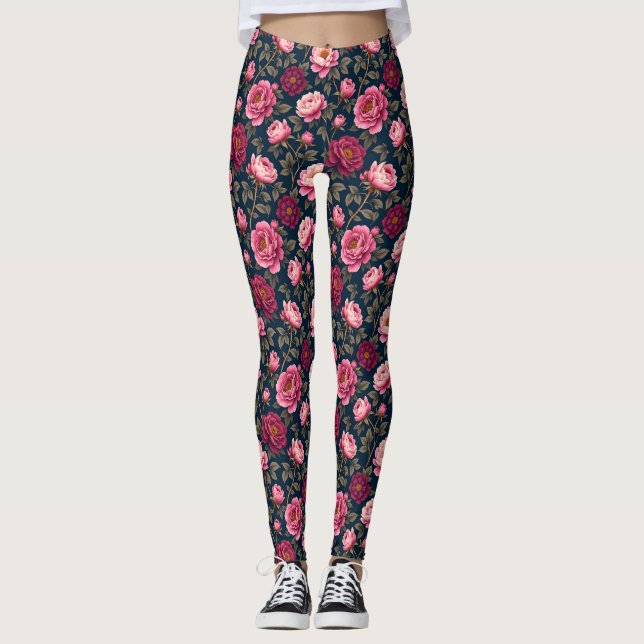 Leggings Bourgogne foncée et fleurs roses (Devant)