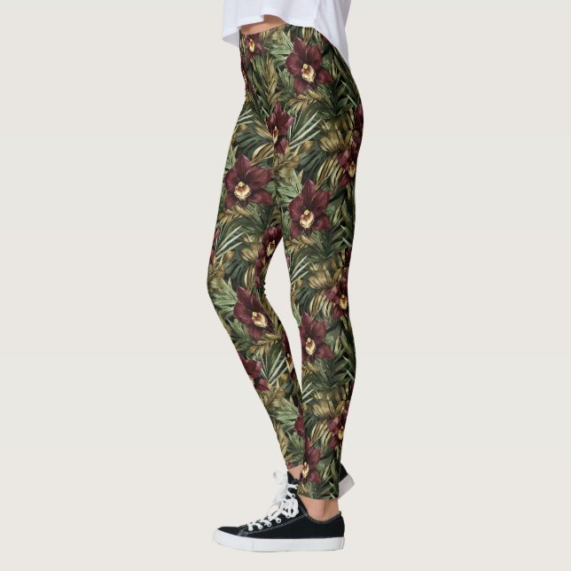 Leggings Bourgogne Orchidée Rouge Floral Tropical (Gauche)
