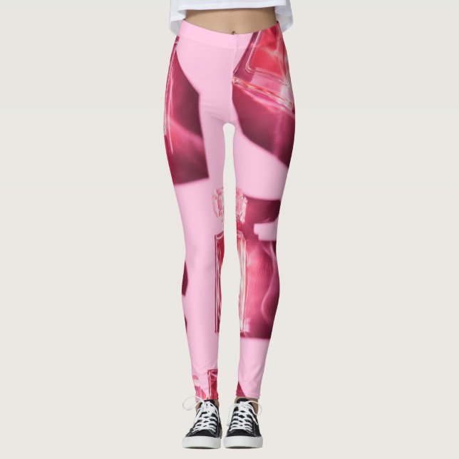 Leggings Bouteilles de parfum, arrière - plan rose, plat (Devant)