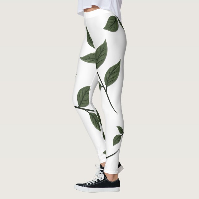 Leggings Branches de feuillage avec Feuilles verts en blanc (Gauche)