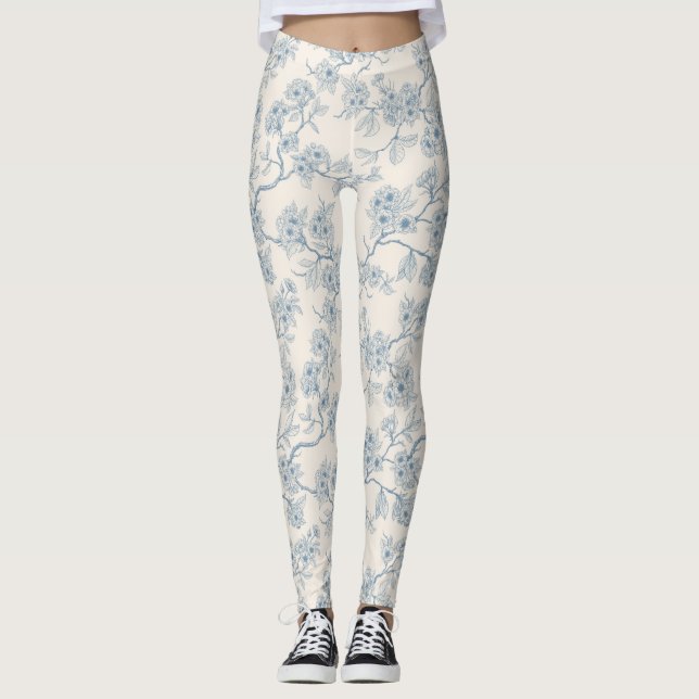 Leggings Branches de fleurs de cerisier en bleu et blanc ca (Devant)