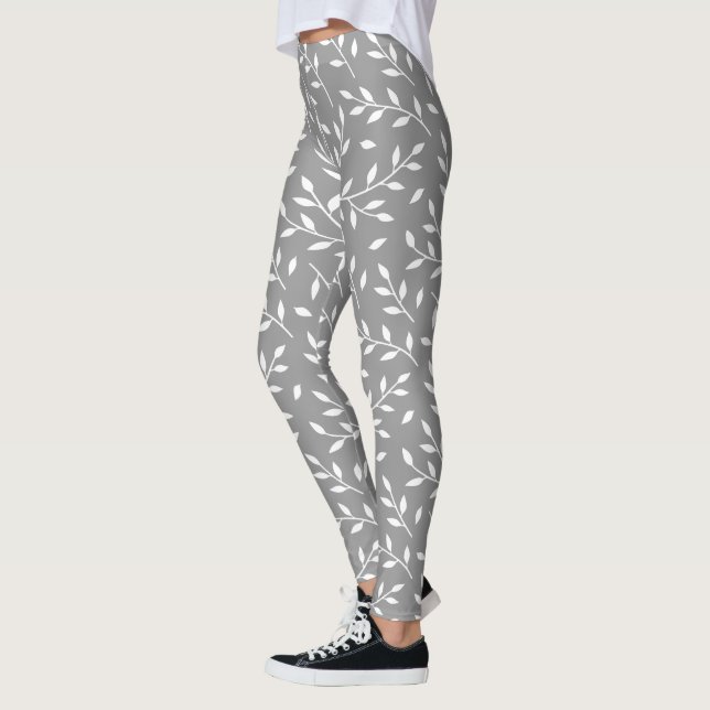 Leggings branches feuillues motif blanc sur gris ou TOUTE c (Gauche)