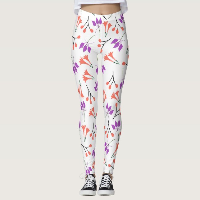 Leggings Branches florales aux fleurs de violet et de corai (Devant)