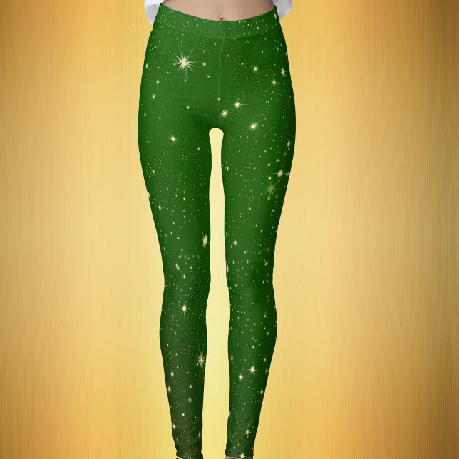 Leggings Bright Golden Twinkle Stars Dark Green Chrismtas (Dark green womans leggings with gold sparkle like twinkle stars for Christmas season.)