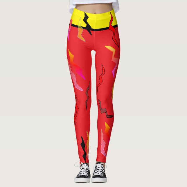 Leggings Bright Rouge Noir Jaune Éclair Boulons Halloween (Devant)