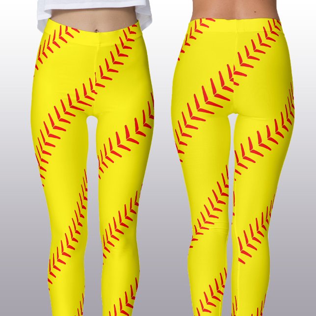 Leggings Bright Yellow Fastpitch Softball Stitches (Seams) (Bright yellow fastpitich softball leggins with red seams for softball players and fans.)
