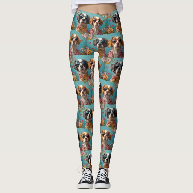 Leggings Brittany Spaniel avec roses de cœur pour la Saint- (Devant)