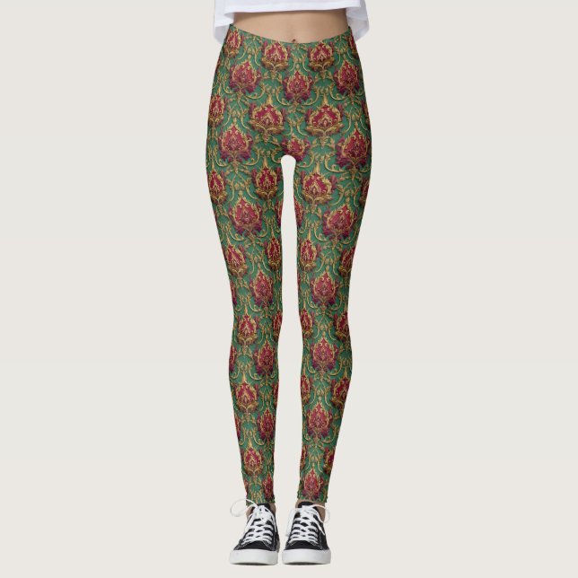 Leggings Brocart damassé bordeaux émeraude (Devant)