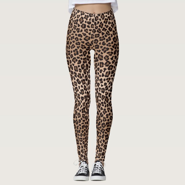 Leggings Brown Beige Safari Wild Cat Skin Leopard Pattern (Devant)