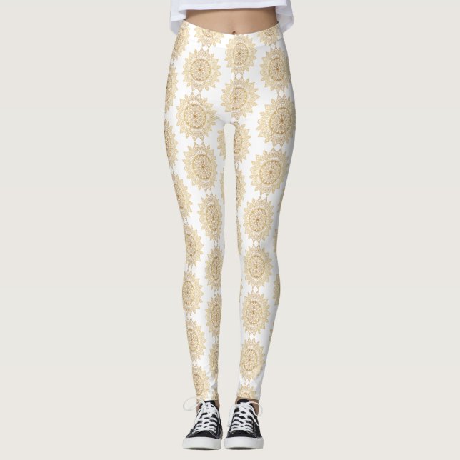 Leggings Brown Mandala Motif sur White Arrière - plan Elega (Devant)