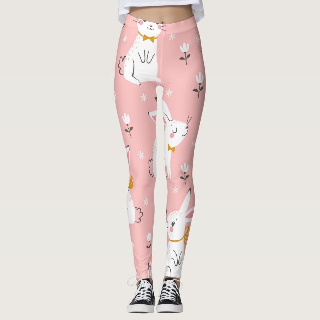 Leggings Bunnies blancs : Cute Floral sans joint (Devant)