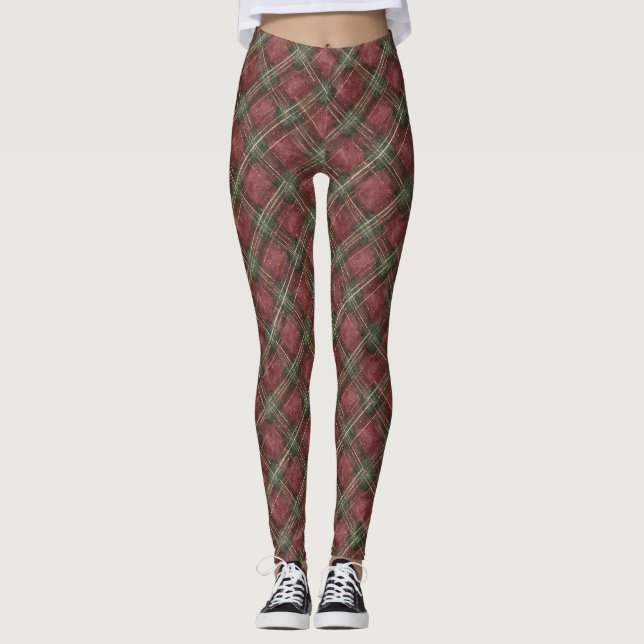 Leggings Burgundy Red Green Plaid (Devant)